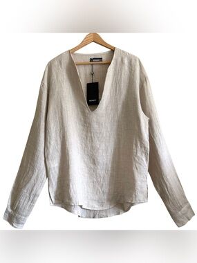 NOHOW Men’s 100% Linen Minimalist Neutral Longsleeve Eros V-Neck Shirt Sz M NWT